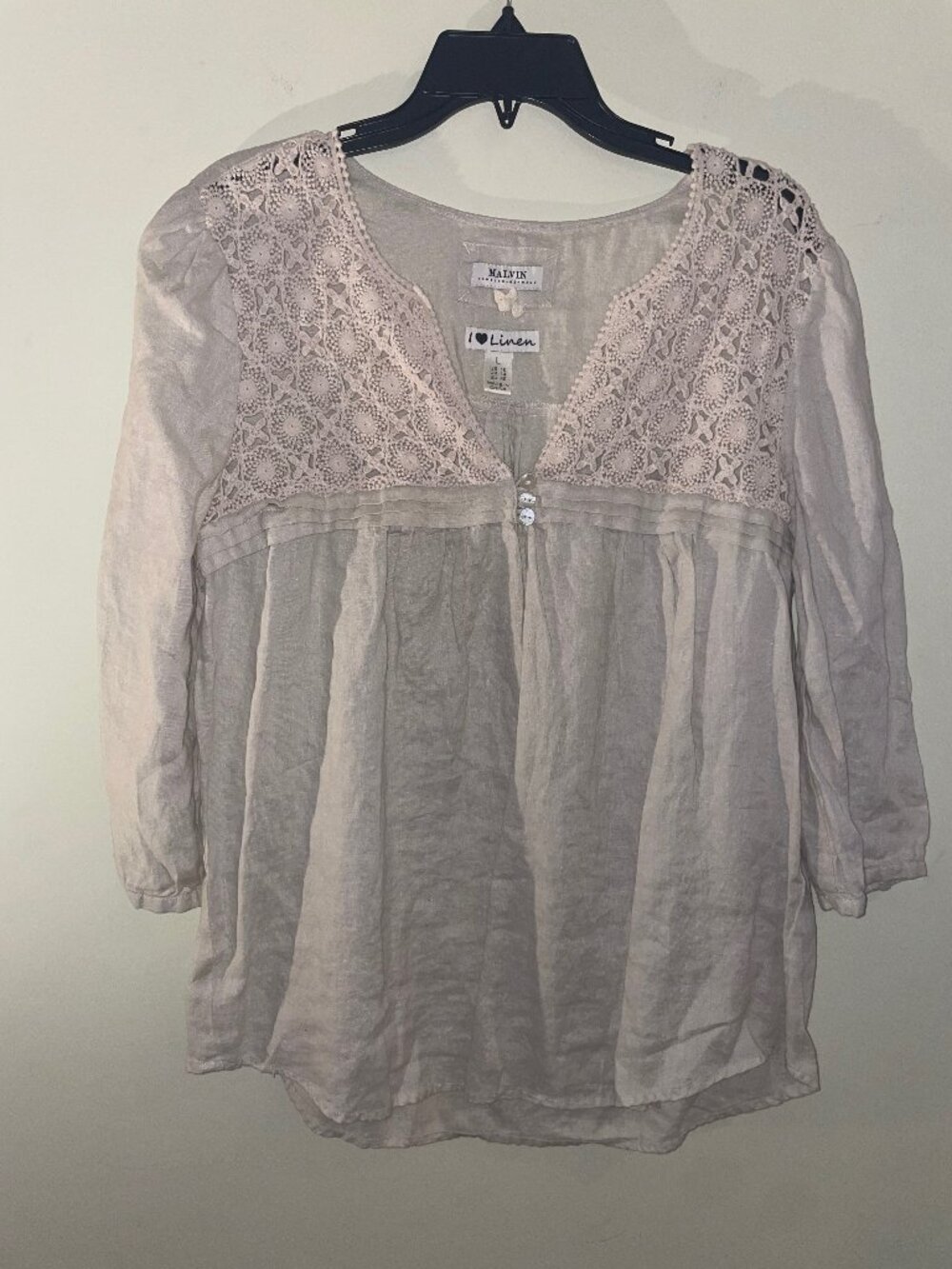 Malvin I ♥ Linen Crochet Lace Linen Blouse Top Size L US 10